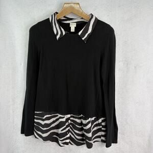 Chicos Top Women’s Sz 1‎ M/8 Black Twofer Zebra Trim Tunic Long Sleeve Casual